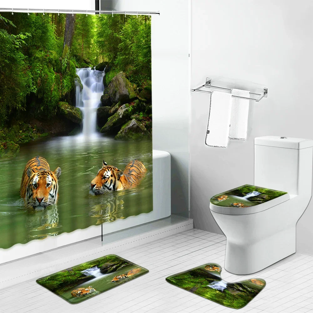 Cartoon Alpaca Animal Shower Curtains Dinosaur Highland Cow Tiger Elephant Bathroom Decor Non-slip Bath Mat Toilet Cover Carpet