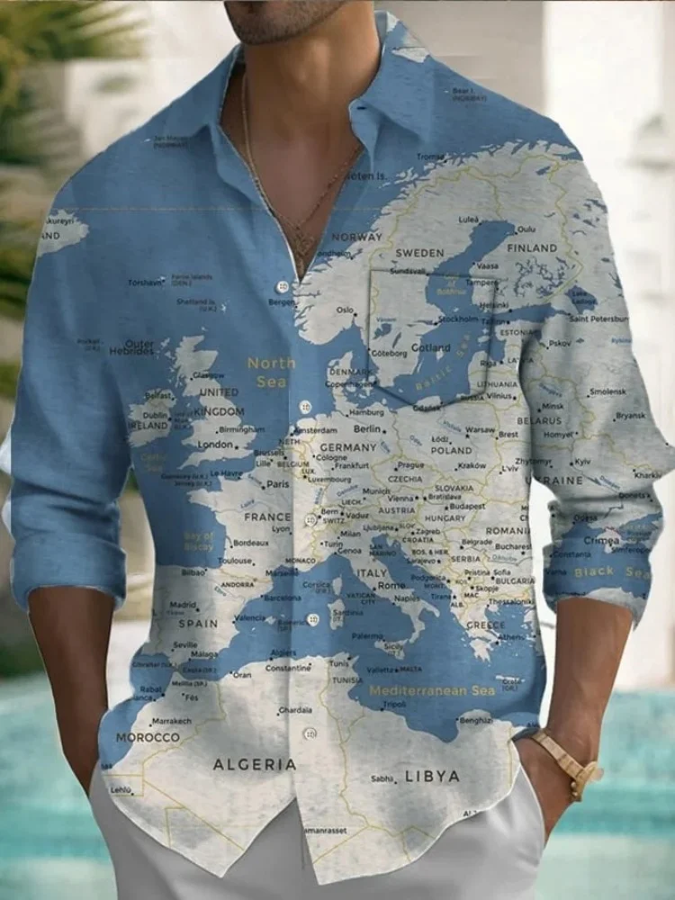 

Office Male Clothing Vintage Holiday Map Printed Multi Color Commuting T-shirts 2025 Autumn Lapel Neck Single Breast Tunics Tops