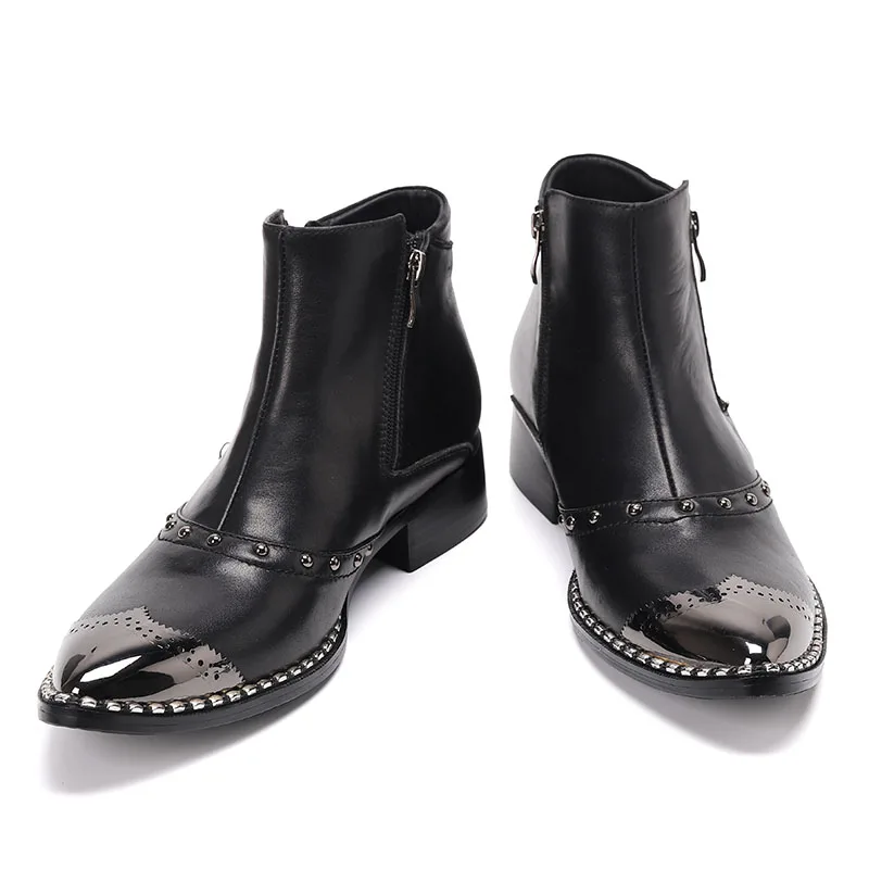 

2024 Fashion Zipper Pointed Toe Short Boots Italian Big Size Black Motorcycle Boots Classic Men Real Leather Business Ankle Boot