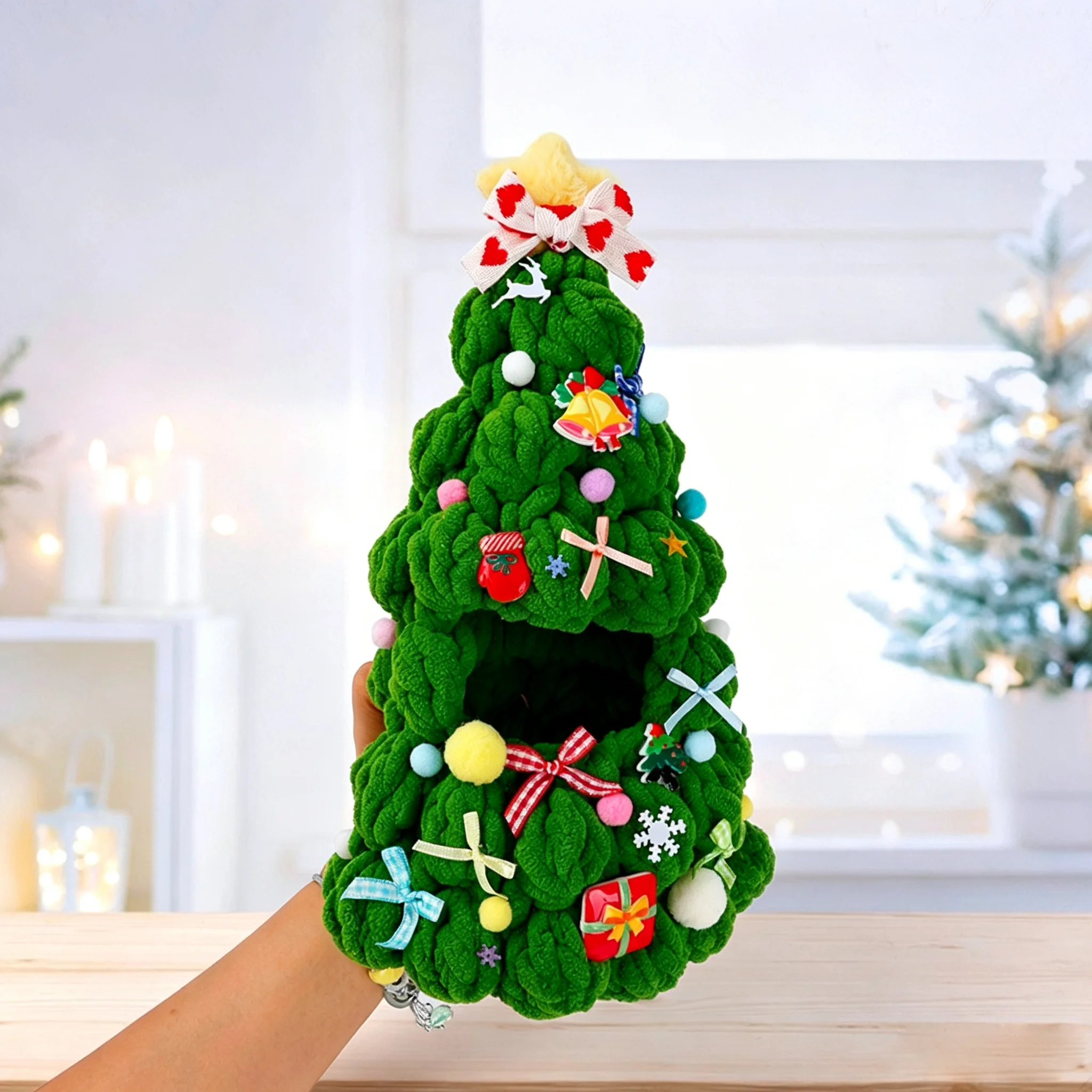 Handmade Knitting Christmas Tree Doll Outfit Fit 17cm Dolls Multi Color Plush Cover with BowDual Use Table Xmas Decor Gift