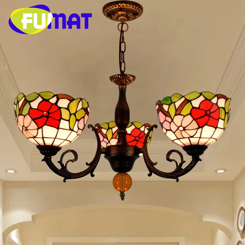 

FUMAT Tiffany stained glass red morning glory festive 3 pendant lamp antique garden bar restaurant aisle LED decor chandelier