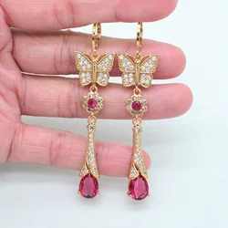 Fashion Gold Color Rose Red Zircon CZ Long Butterfly Teardrop Dangle Wedding Earrings Jewelry