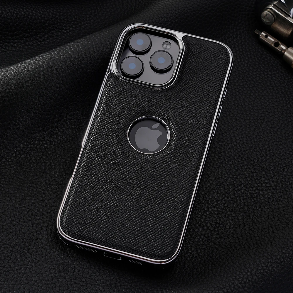 for Magsafe Case for iPhone 15 16 Pro Max Promax 16Pro 15Pro Natural Cowhide Leather Luxury Plating Logo Hole Back Cover view 3