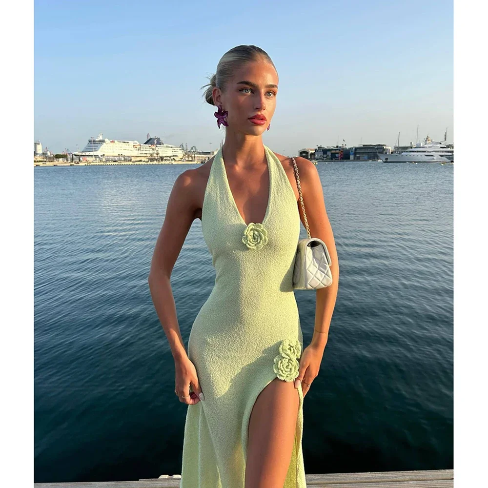 

2024 Beach Cover Up Knitted Tunic Bikini Cover-ups Sexy See Through Halter Maxi Dress Women Slit Summer Dress Beachwear