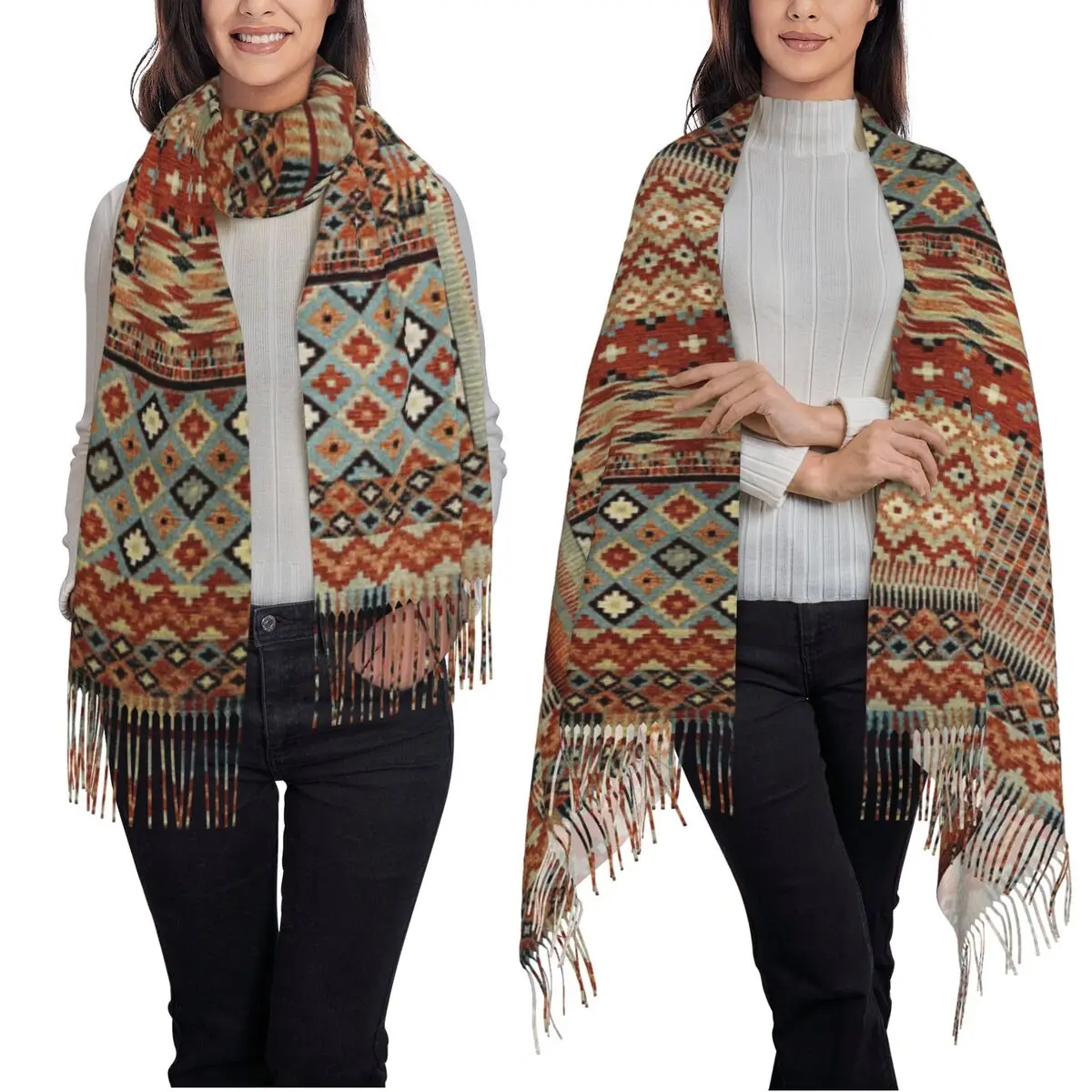 Bohemia Ethnic Antique Persian Carpet Tribal Rug Style Scarf Tassel Scarves for Women Shawl and Wrap Long Fall Winter Shawl Wrap
