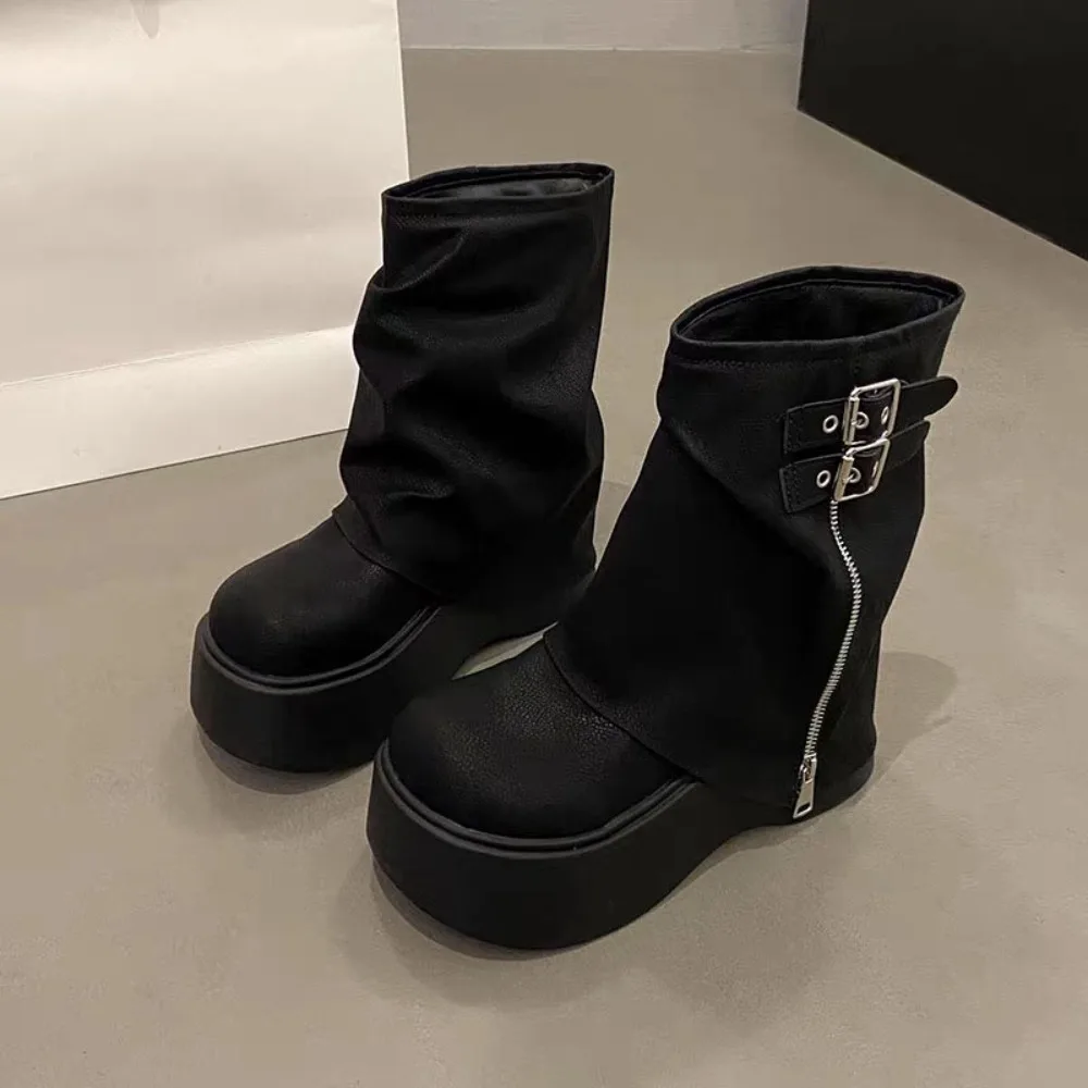 

Trendy New Design Women Biker Boots Platform Belt Buckle Women's Knee High Booties Casual Street Style Mid Pipe Booties Girls