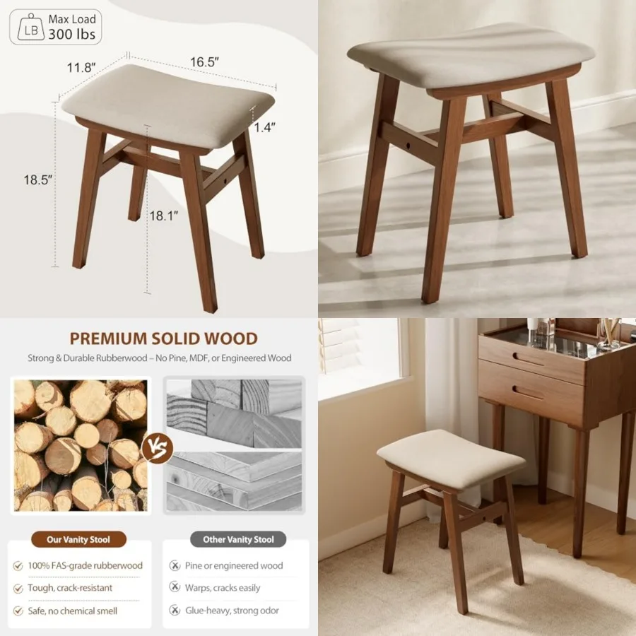 

Solid Wood Vanity Stool, Compact Makeup Chair with Saddle Cushion, Linen-Covered High Rebound Sponge Seat, Easy Assembly Footst