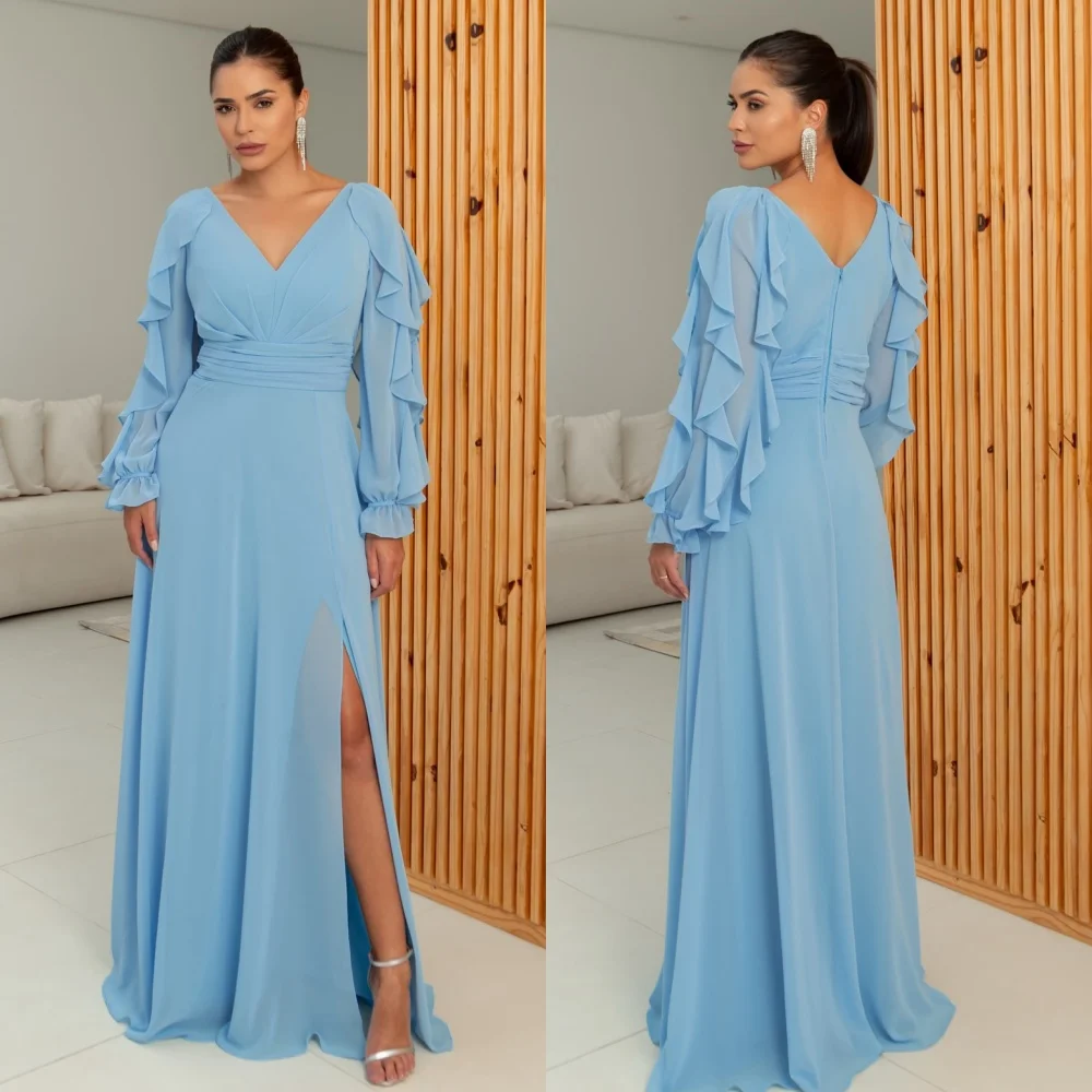 

Customized Modern Style Formal Chiffon Pleat Ruched A-line V-neck Long Dresses Bespoke Occasion Dresses Sizes Available Fashion