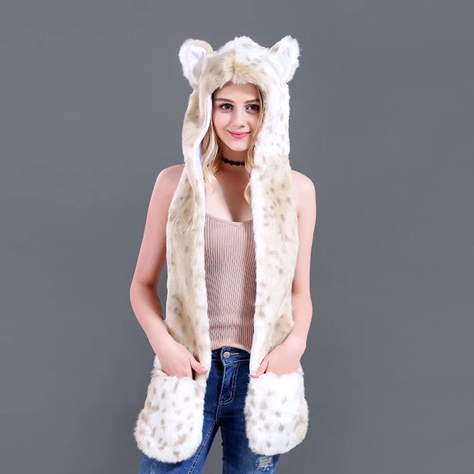 New Leopard Print Animal Hoods Cute Animal Faux Fur Hat Cap Women Mens Fashion Warm Animal Fur Hats With Gloves Girl Cartoon Hat