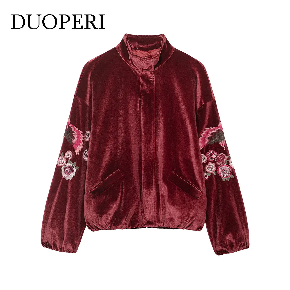 

DUOPERI женские красные куртки на молнии спереди с вышивкой, винтажные женские элегантные шикарные пальто с высоким воротом и длинными рукавами, наряды