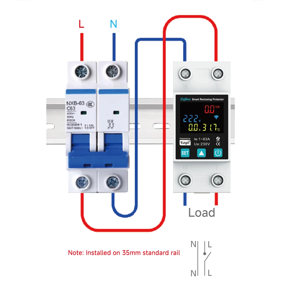 SmartLife TUYA ZigBee 2P/63A Circuit breaker Earth Leakage Over Under Voltage Protection Protector Relay Switch Energy kWh Meter