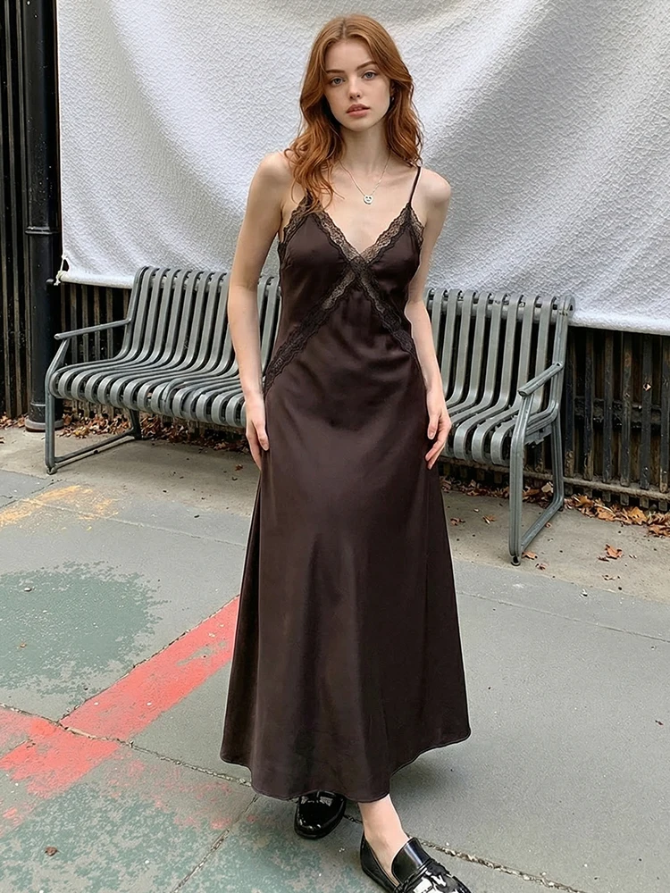 Hh moda feminina sexy cetim renda estilingue midi vestidos primavera verão feminino sem costas sem mangas com decote em v elegante vestido de festa à noite