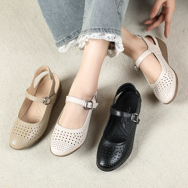 

GKTINOO 2026 Женские летние сандалии на танкетке из натуральной кожи, с вырезами, удобные, мягкие, повседневные, большие размеры