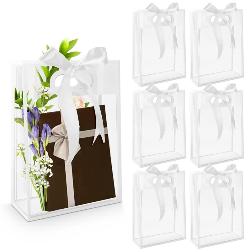 20Pcs Clear Plastic Gift Bag with Die Cut Handles Reusable Flower Candy Bag with Ribbon White-ABHG
