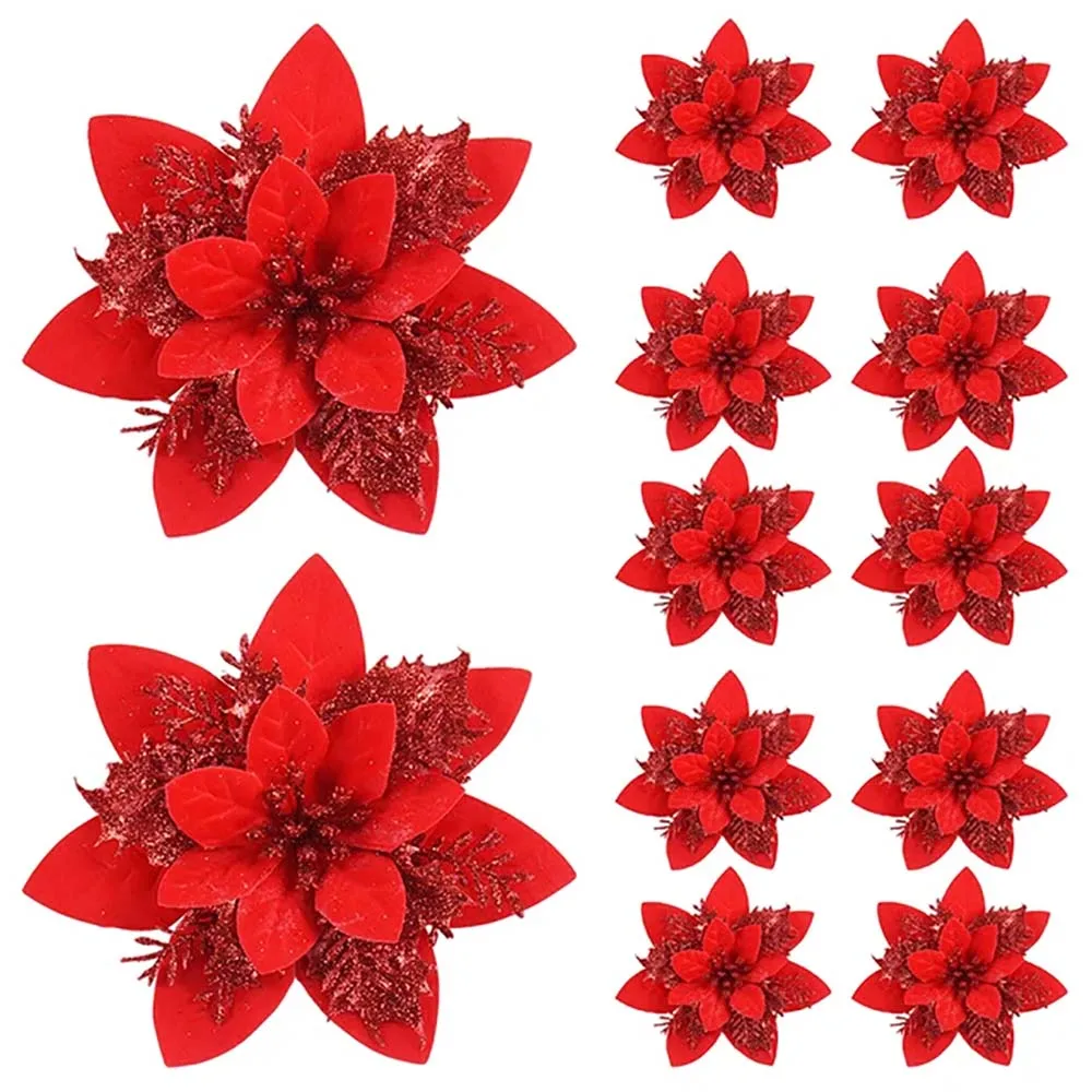 Glitzernde Künstliche Blumen für Weihnachtsbaum, Weihnachtsschmuck, Rosa, Rot, Gold, Heimdekoration, 14,5cm – Detail 7