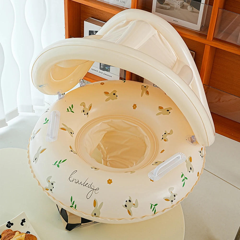 Baby Swim Ring Inflatable Pool Floats Leakproof Floral Pool Rings with Handles & Seat with Sun Protection Canopy for Boys Girls