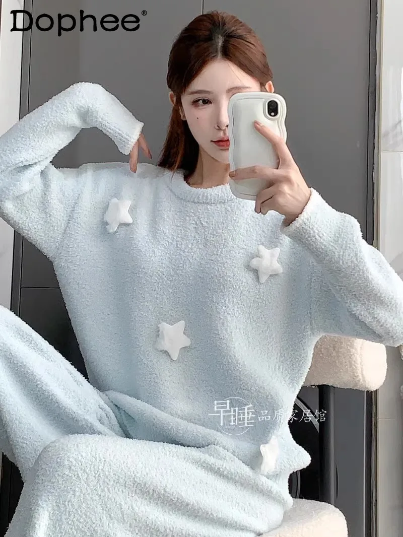 

Japanese Style Ins Sweet Cute Velvet Pajamas for Women Autumn Winter Thickened Warm Coral Fleece Loose Casual Homewear