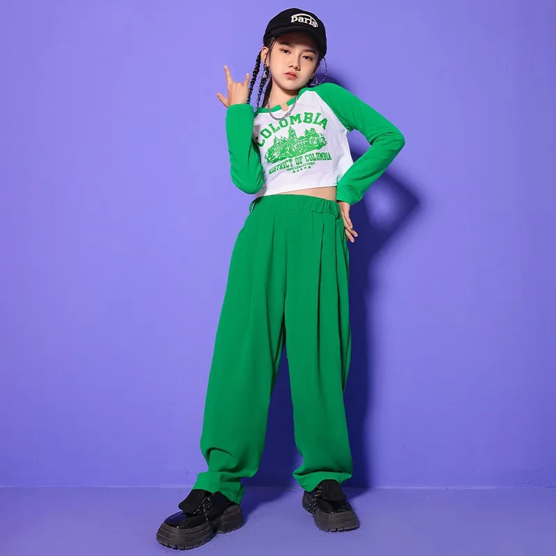 Girls Hip Hop Clothing Green Crop Top Long Sleeve T Shirt Casual Pants Kids Dance Costume Teenager Streetwear 6 8 10 12 13 14 Y