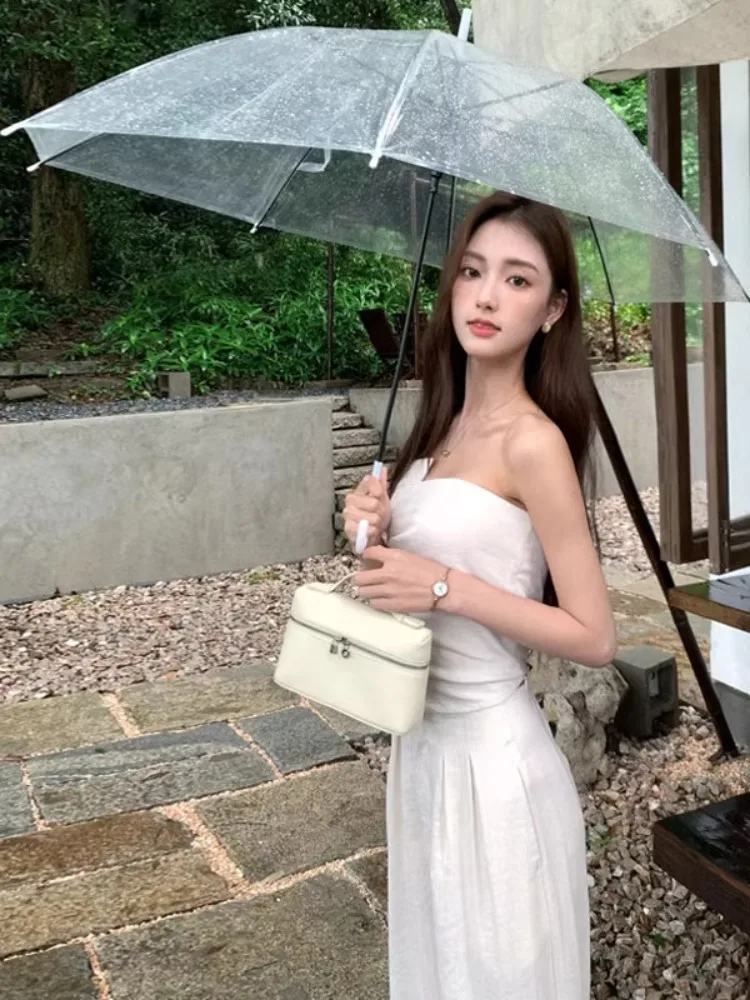 Set Celana Solid Desain Chic Korea Baru Atasan Bungkus Berlipat Tidak Beraturan Wanita + Setelan Celana Kaki Lebar Musim Panas Y2k Set 2 Potong Pinggang Tinggi