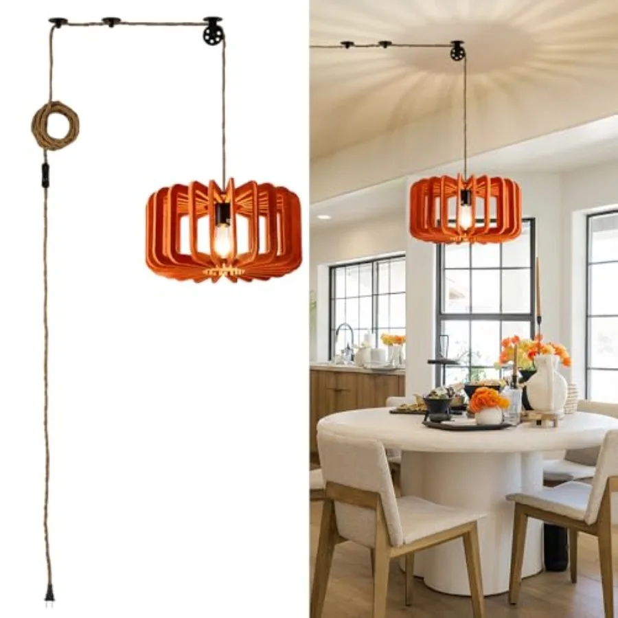 

Plug in Pendant Light with Pulley 15.7" Felt Shade Hanging Swag Light with Hemp Rope Rustic Farmhouse Boho Ceiling Light Fixtur