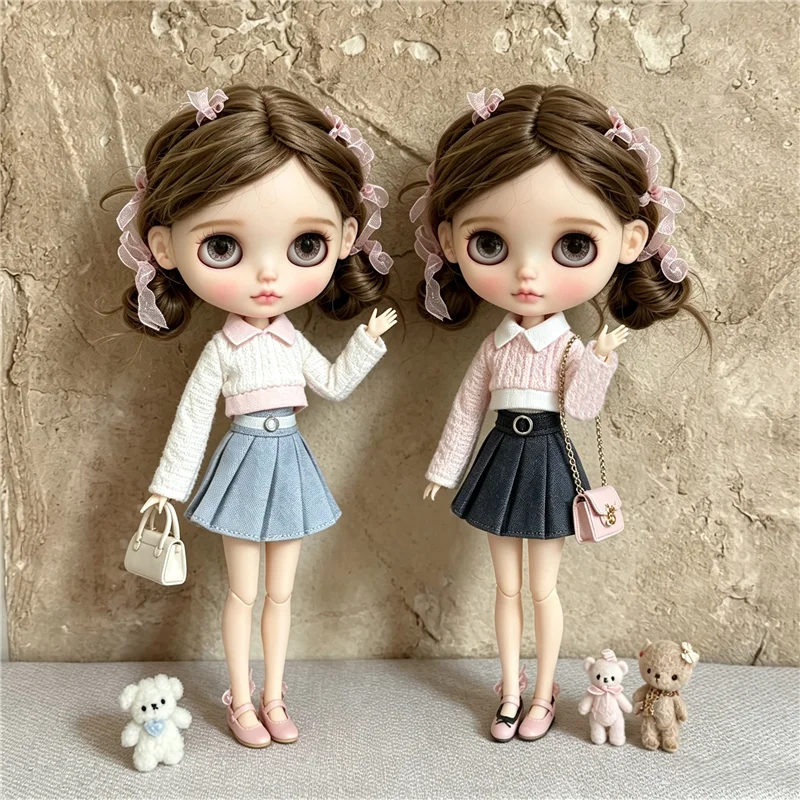 For Blythe Doll Outfit Clothes Luxury Checkered Coat Dress Set Sweet Princess Bowknot Skirt Clothing For Barbies OB24 Small 1/6