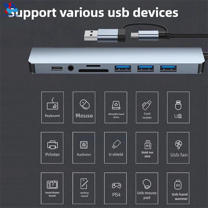 MINGCVIL 8 In 2USB-C Hub With 3.0 SD/TF Card Reader Multi-Port Adapter For Laptop Tablet Phone TypeC Docking Station For Office