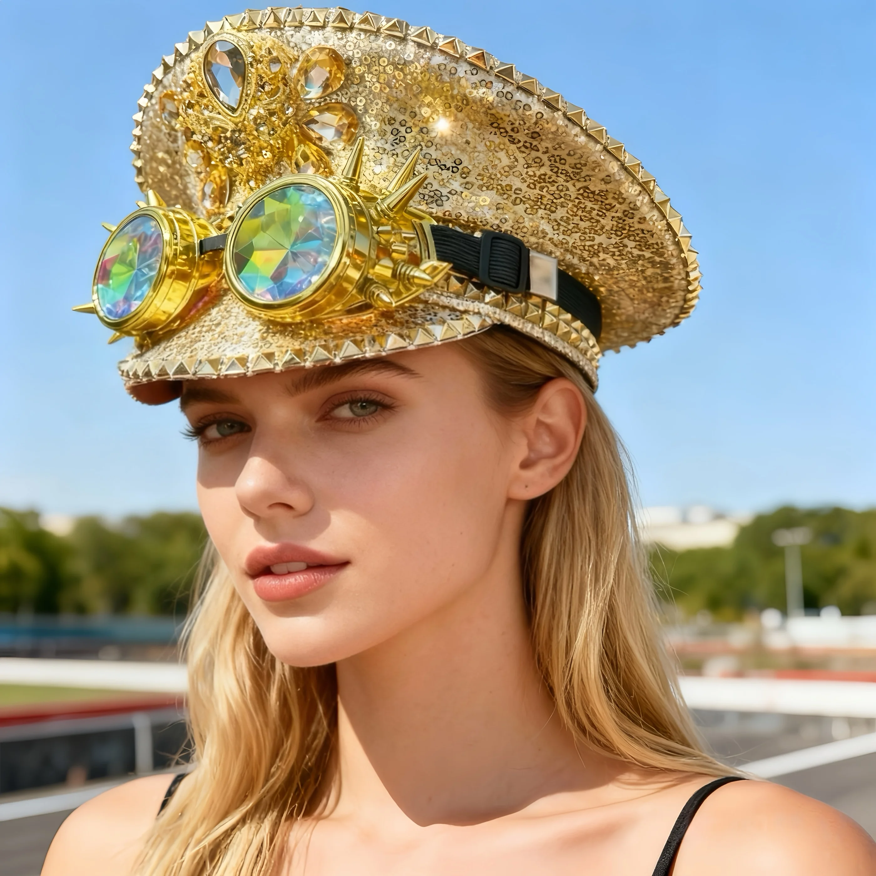

HongLuan Golden Steampunk Captain Hat Rhinestone with Goggles for Burning Man Festival Woman, Military Accessories & Cap for Man