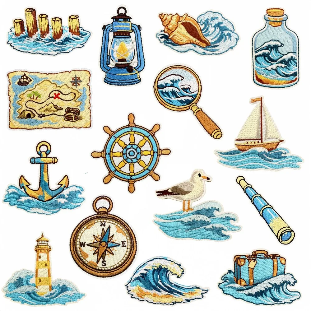 Marine Elements Adventure Navigation Embroidery Patch Iron Patches DIY T-shirt Backpack Sewing Decor Repair Applique Sticker