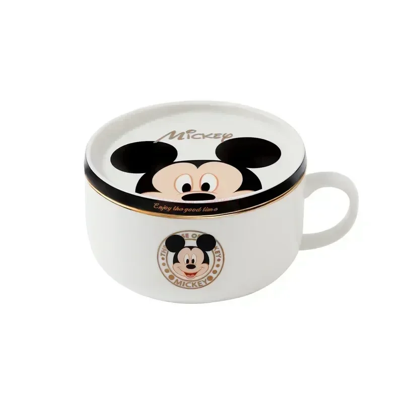 1000ml Disney Kawaii Mickey Mouse Minnie Mouse Noodle Bowl With Handle Large Salad Rice Bowl With Lid Cartoon Ceramic Tableware