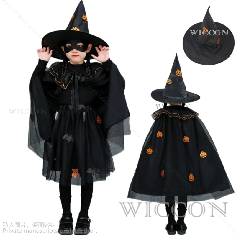 

2024 Halloween Cosplay Costume Kids Witch Mesh Yarn Cloak Lolita Princess Skirt Children Kawaii Christmas Birthday Party Suit