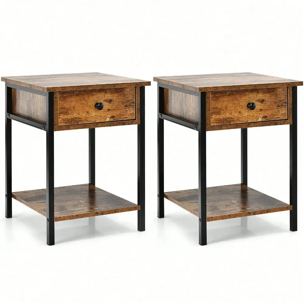 

2PCS Industrial End Side Table Nightstand with Drawer Shelf Rustic Brown