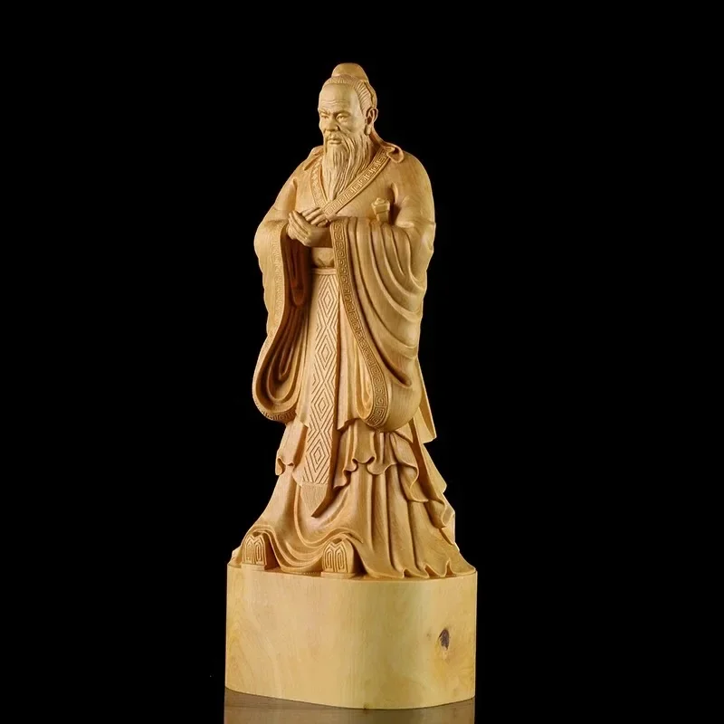 Hand Carved Wood Carving Figurine Confucius Statue Home Decor Teachers Kong Zi Sculpture Feng Shui Folk Crafts Fondle Antiques