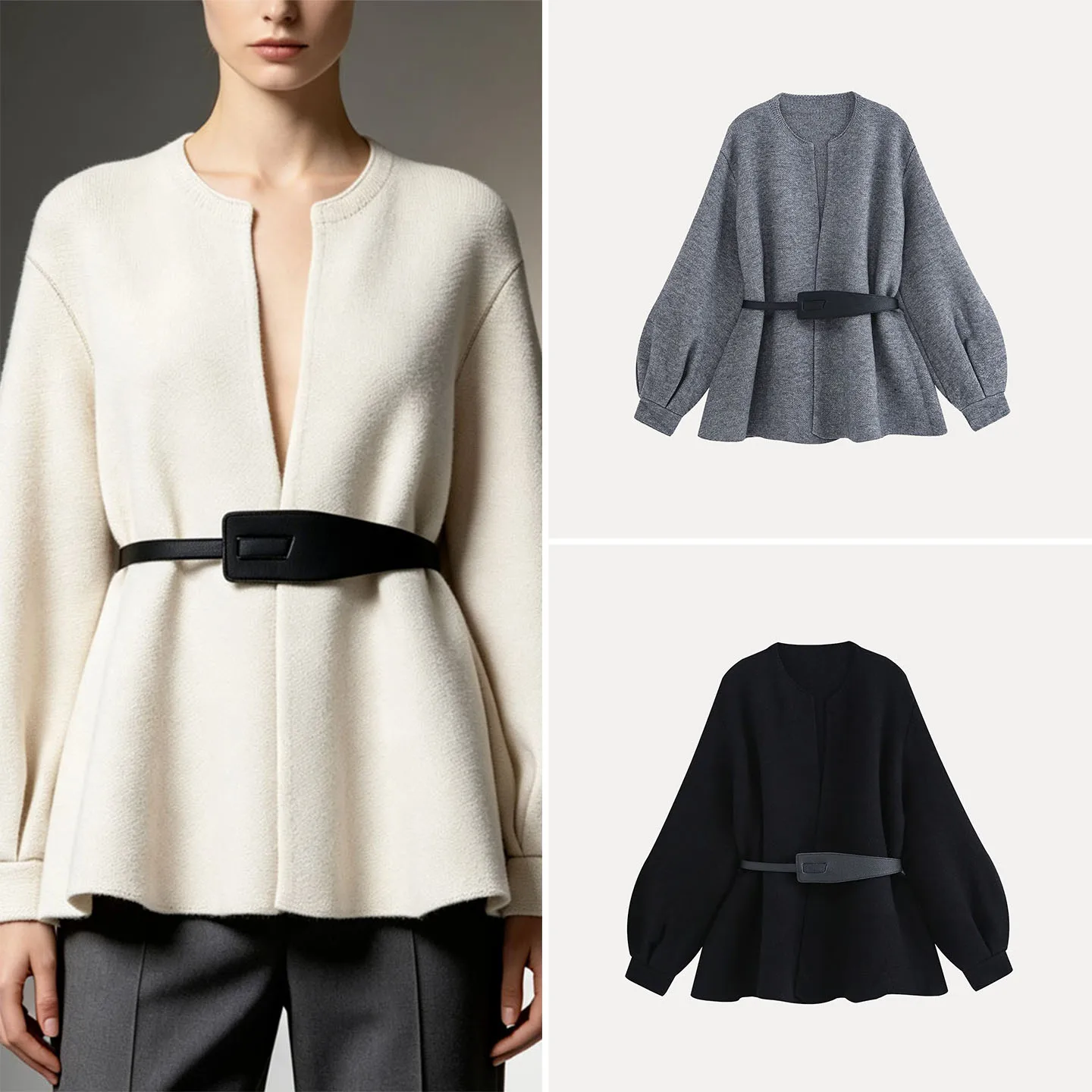Women's Knitted Cardigan Coat Lantern Sleeve Long Sleeve round Neck Belted Multi-Color Casual Style Loose Fit Autumn Wear