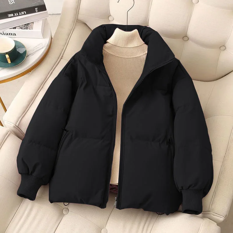 Autumn Winter Black Cotton Jacket Women Fashion Standing Collar Solid Color Short Outwear Long Sleeved Loose Warm Casual Coat