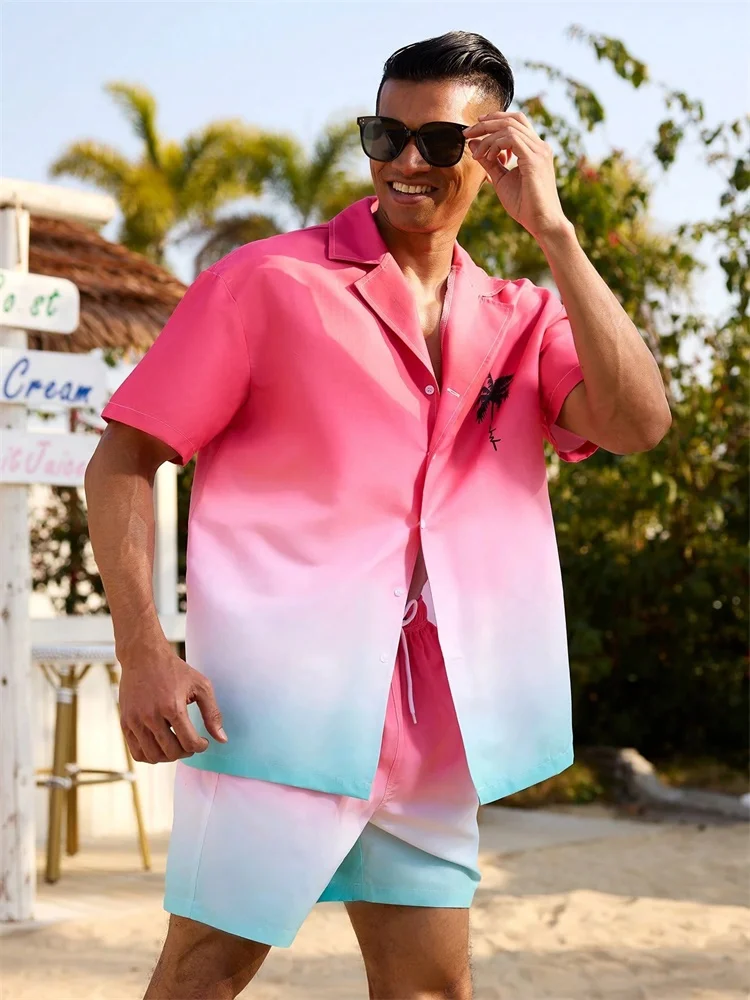

Casual, Fashionable And daily, Summer men's short-sleeved Shirt set, solid-colored Shorts With prints, Beach Resort