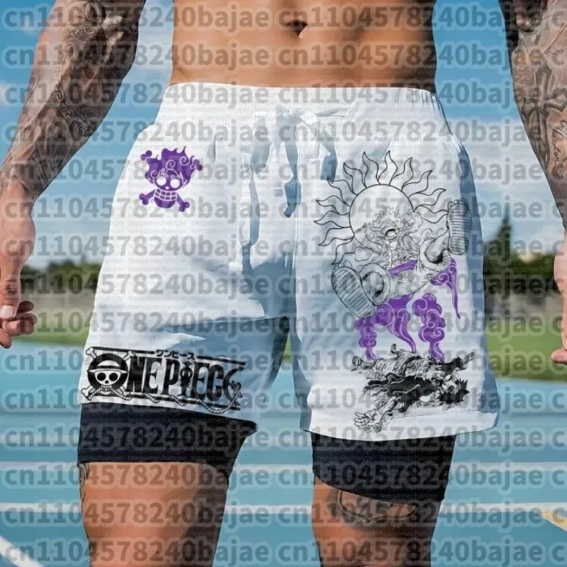 One Piece Anime White Double Layer Running Shorts for Men Gym Workout Straw Hat Crew Design Quick Dry Fabric Loose Fit view 2