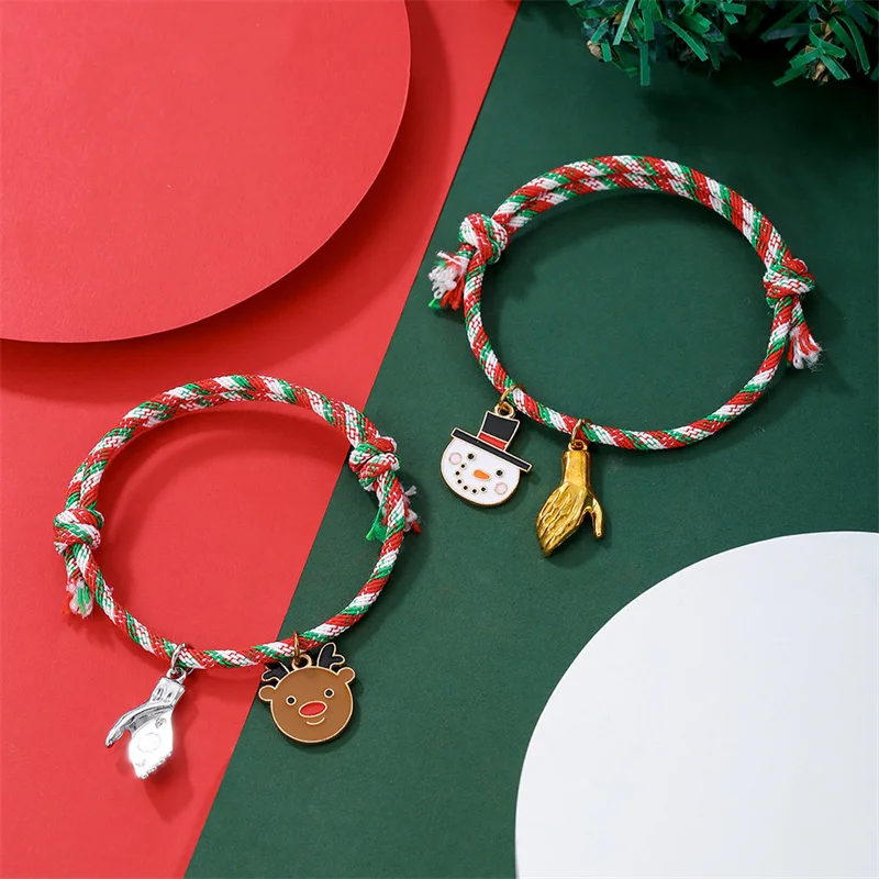 2 pçs/set corda de mão de natal vermelho verde cor misturada pulseira para mulheres árvore de natal pingente pulseiras festa ano novo jóias