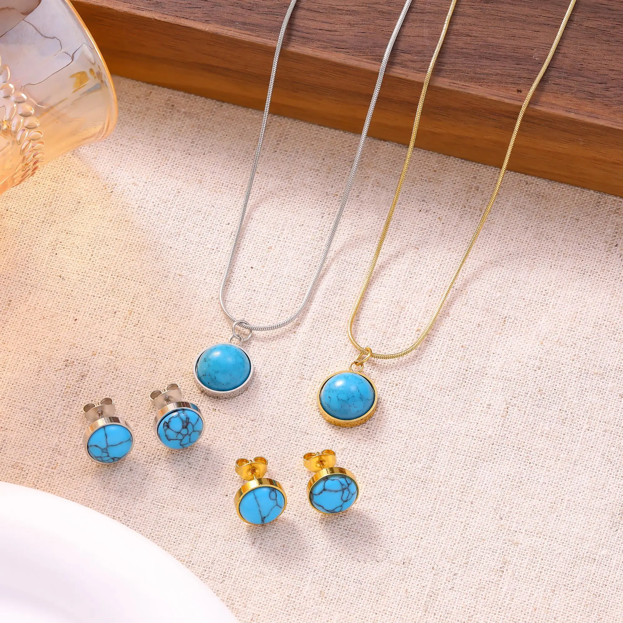 3-teiliges Edelstahl-Saphir-Schmuckset für Damen, Halskette und Ohrringe, modisches Party- und Hochzeitsgeschenk, wasserdichtes Accessoire für Damen