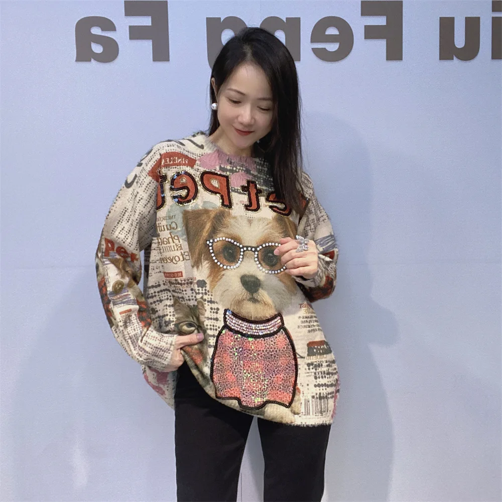 Heavy Beaded Round Neck Pullover Sweater for Women 2025 Autumn Winter New Sequins Cartoon Loose Long-sleeved Knitted Top