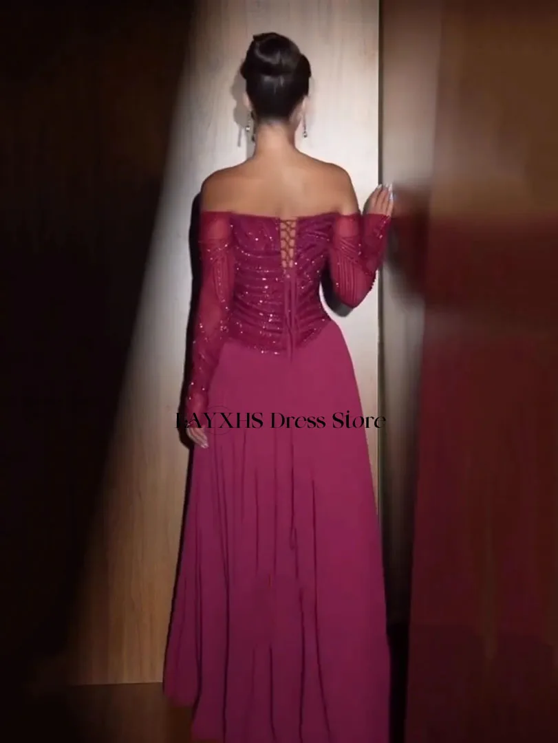 LAYXHS haute qualité exquise perles paillettes robes de soirée hors de l'épaule manches longues plissé robes de bal personnalisé