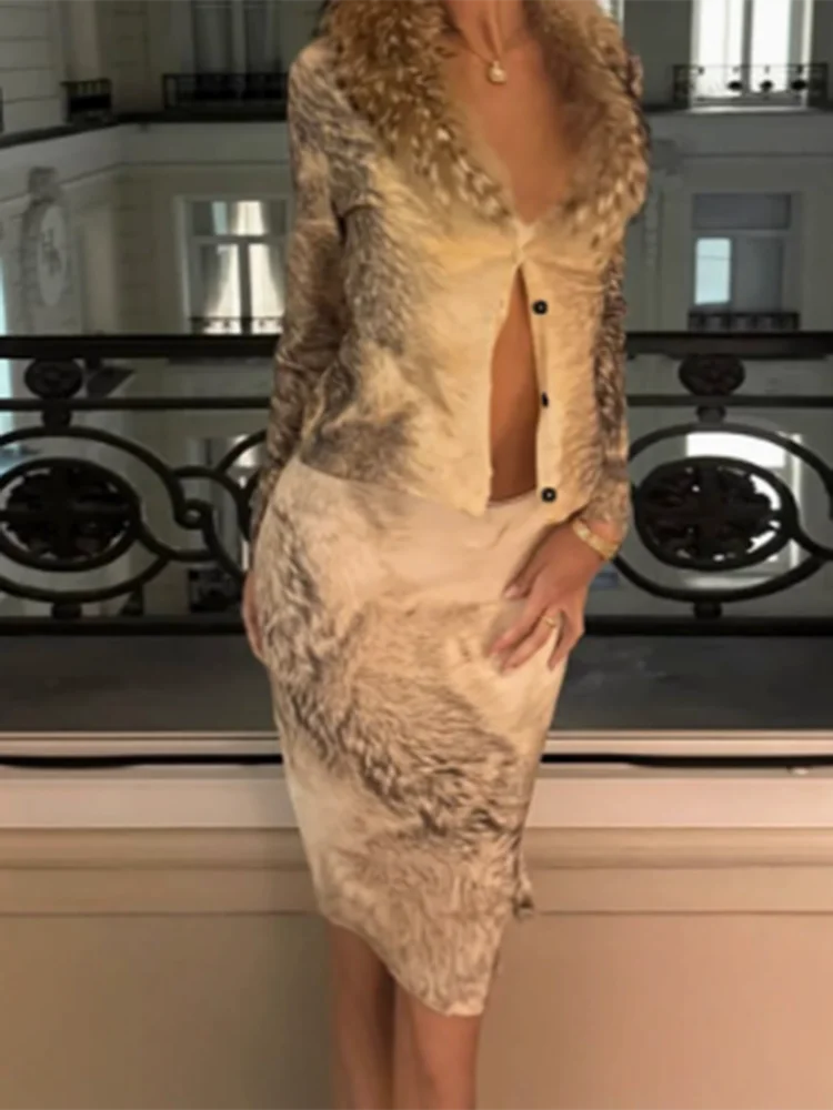 

Elegant Lady Wrap Hips Skirts Set Sexy Fur V-neck Long Sleeve Tops&Half Skirts Set Autumn Winter New Printed Slim Two Piece Sets