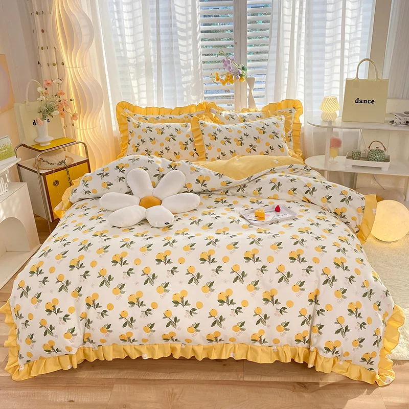 New pure cotton princess style bed skirt four piece set, thickened and brushed Korean version dormitory duvet set three piece se