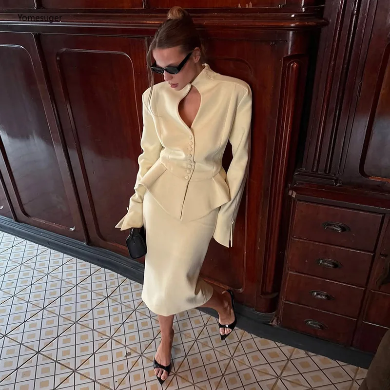 

Yomesugar Elegant 2 Piece Set Woman Stand Collar Full Sleeve Button Ruffle Irregular Tops+Hip Skirt Matching Office Outfits