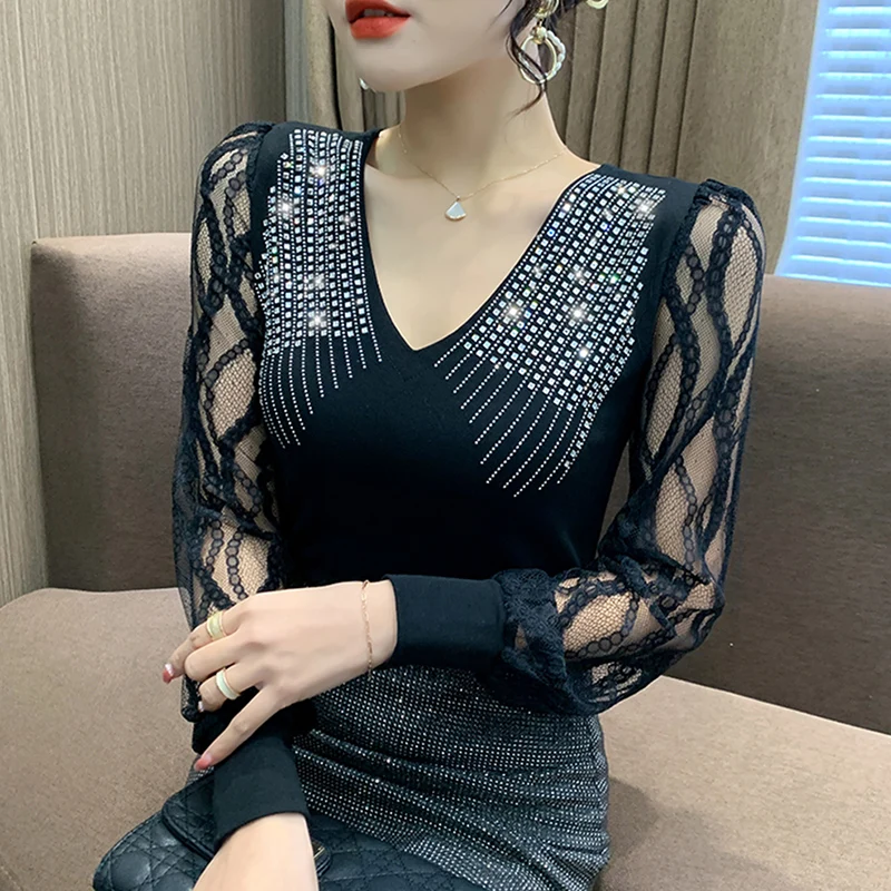 

Lace Splicing Long Sve V-Ne Women's Base irt Spring Autumn 2024 New Design Lantern Sve Sexy T-irt Commute Sle