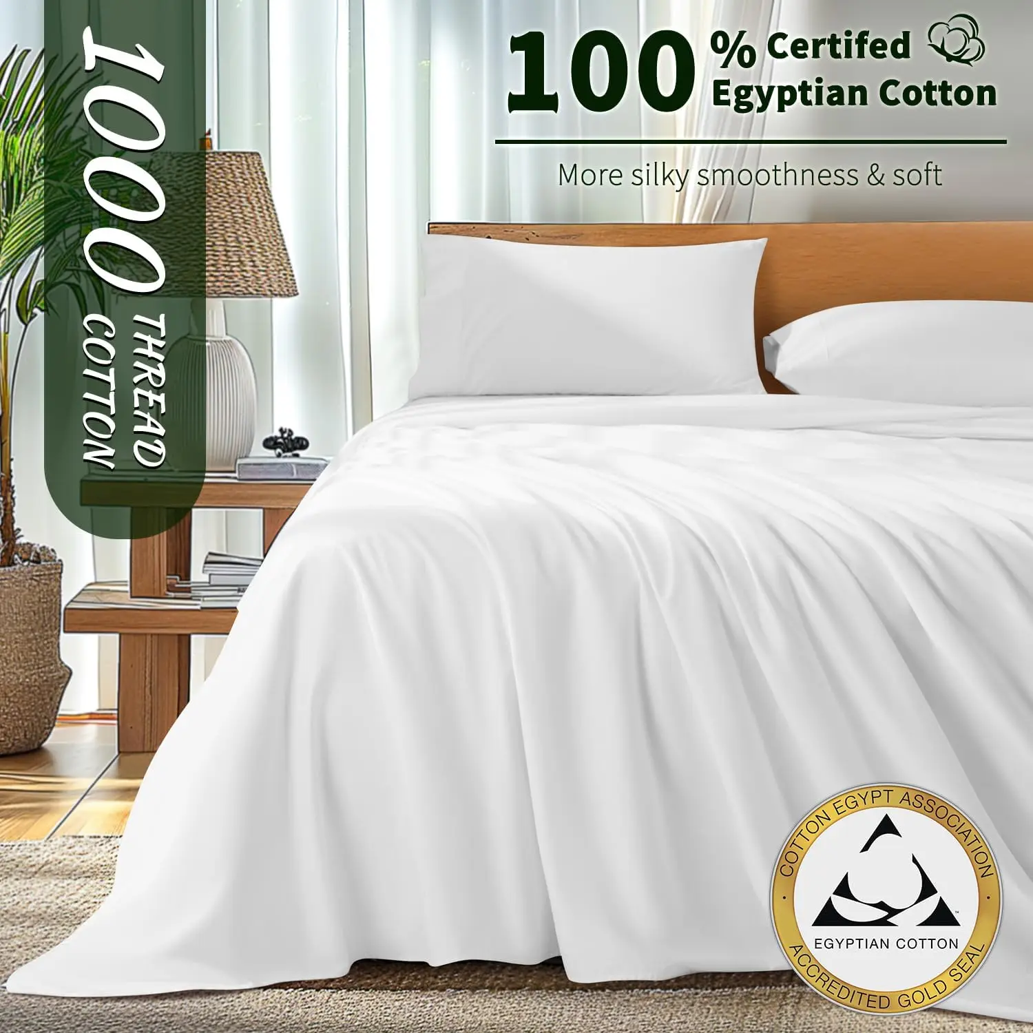 100% Cotton King Size Sheets Set - Luxury 1000 High Thread Count Egyptian Cotton Bed Sheets 4 PC, 5-Star Hotel Quality