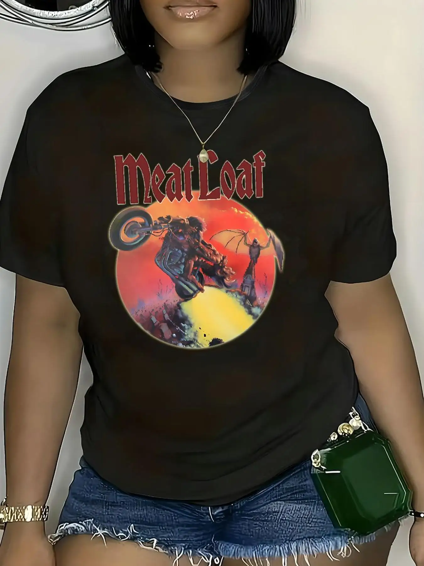 

Women'S Plus Size Casual Crew Neck T-Shirt, Meatloaf Graphic Print, Knit Polyester with Slight Stretch, Embossed Flower