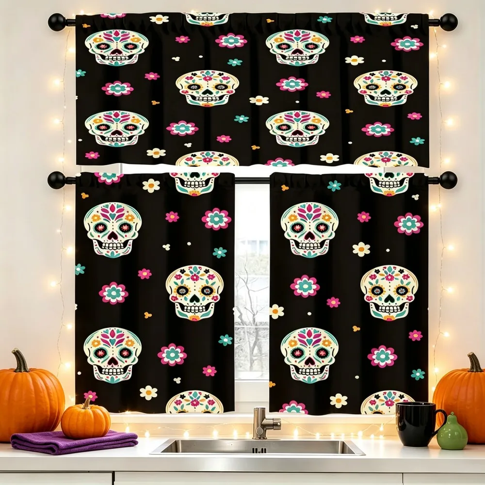 Halloween Kitchen Curtains, Sugar Skull Floral Day of Dead, Digital Print, Kitchen Dining Room, Rod Pocket Polyester, Home Decor