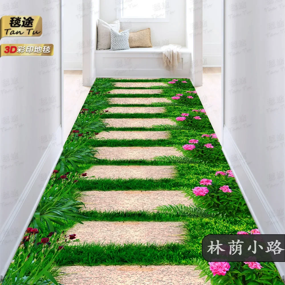 

Stones Grass Path Hallway Corridor Rug 3D Carpet Pastoral Living Room Area Rug Crystal Velvet Kids Play Kitchen Bedroom Mat Rug