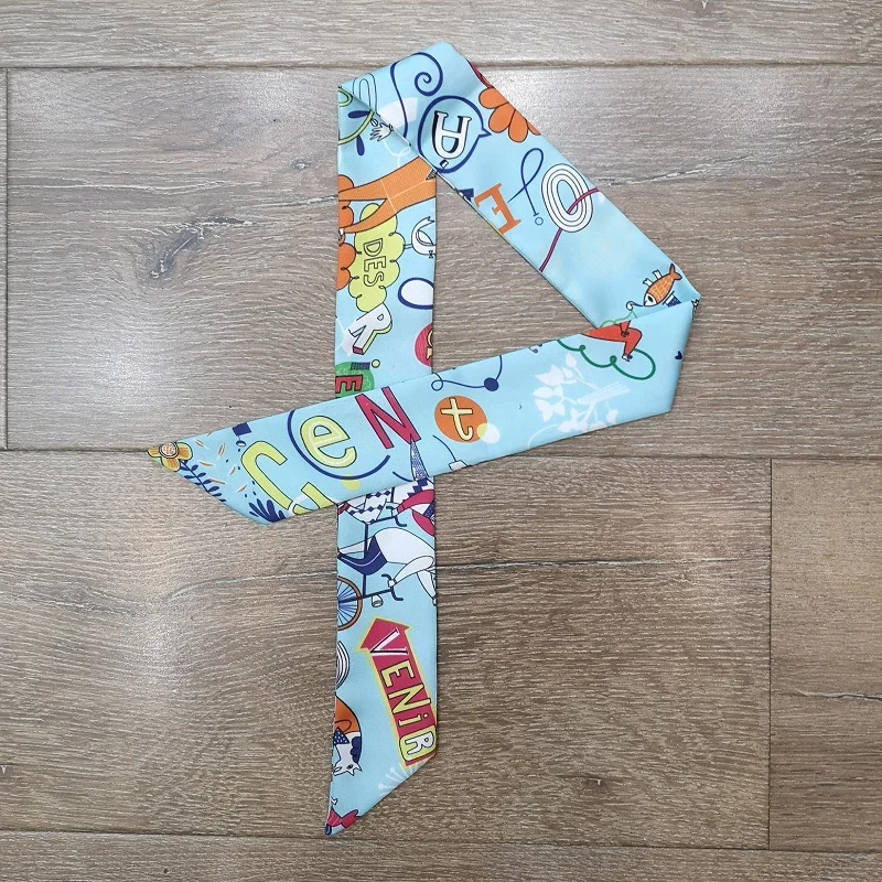 

New Twill Silk Small Silk Scarf Women's Versatile Double-layer Printed Scarf Multi-functional Long Streamer Tied Bag Ribbon