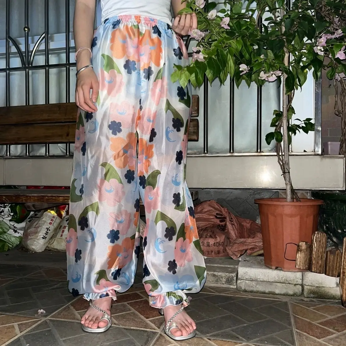 Floral print thin glossy pajamas pants Women men lantern sleeping bottoms plus size trousers